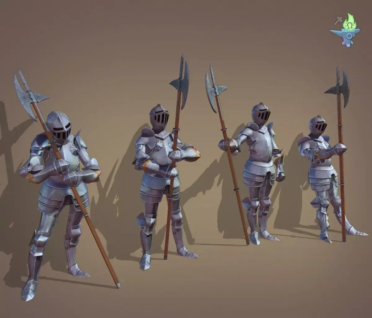 Gosthly Armor with Halberd 4 poses Low-poly 3D model