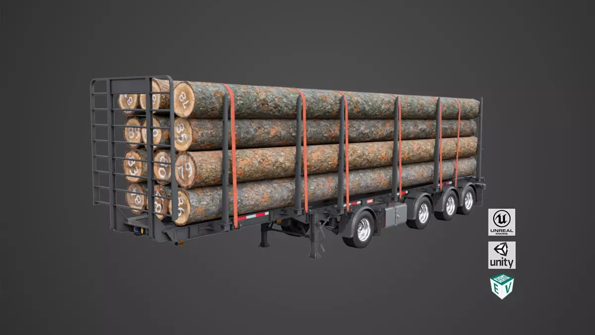 Logging Trailer 01 Black with load Single Mat All PBR Textures Low-poly 3D model