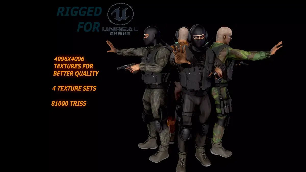 Lowpoly soldier comandos multi texture set Free low-poly 3D model
