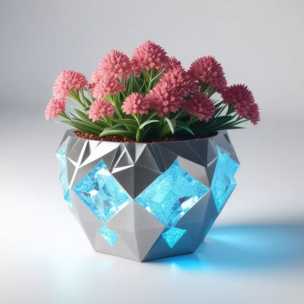 Futuristic Glowing Planter with Pink Flowers 3D model