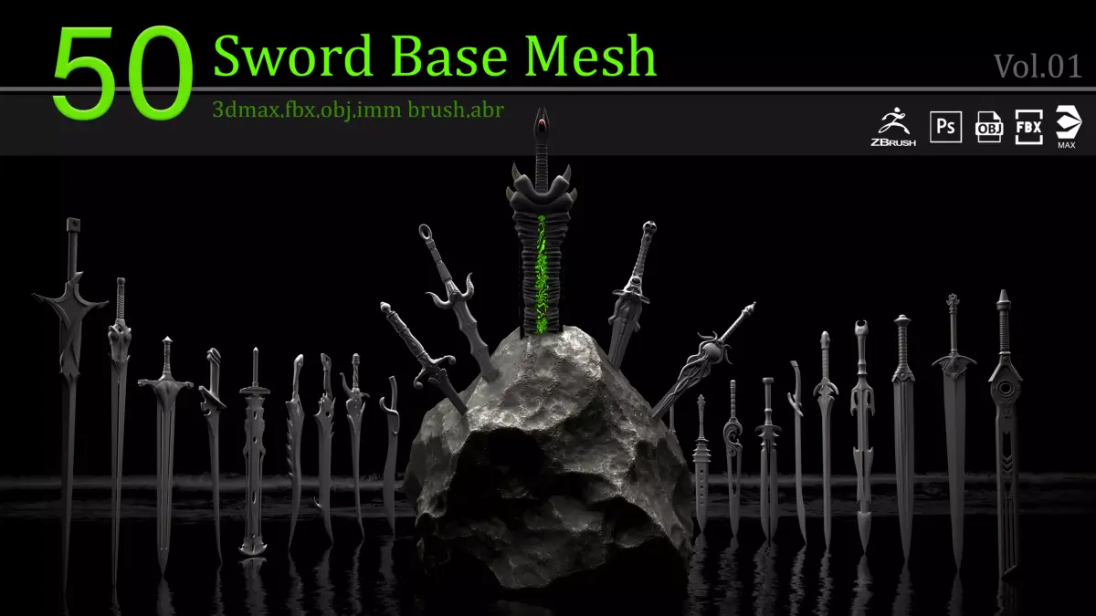  50 Sword Base Mesh Clean UV  and IMM brush and ABR brush 3D model