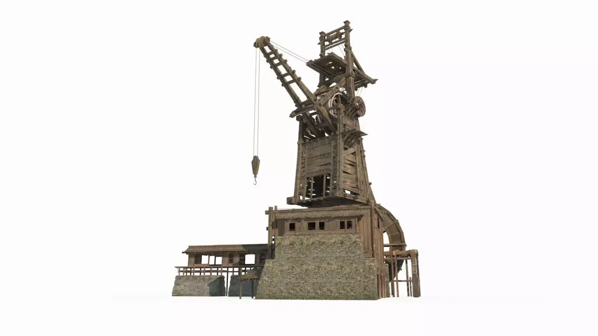 Ancient buildings large docks cranes and transport planes 3D model