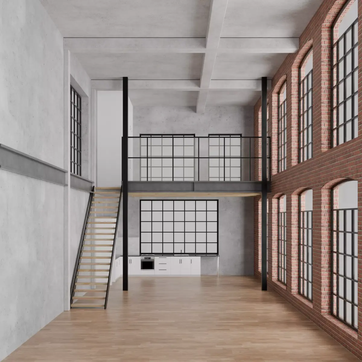 Industrial style warehouse loft conversion interior scene 3D model