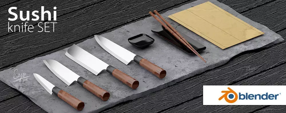 Japanese sushi knives set and some exrtas 3D model