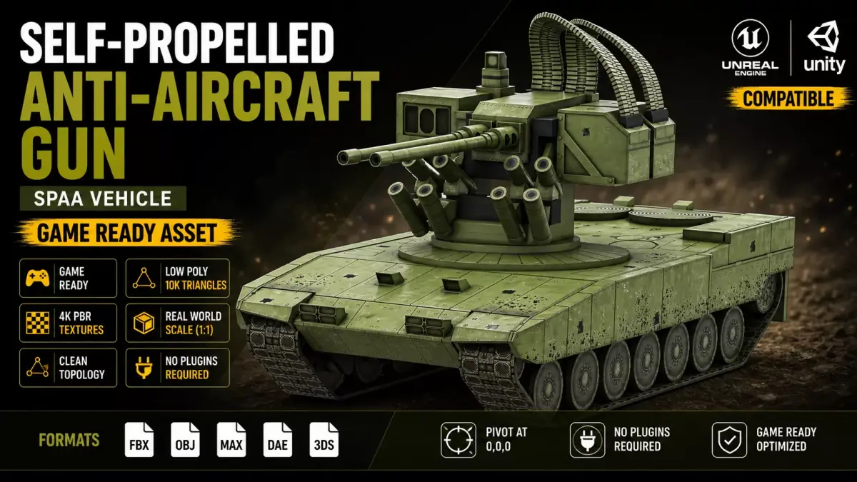 Self-Propelled Anti Aircraft Gun Vehicle Military Army Game Low-poly 3D model