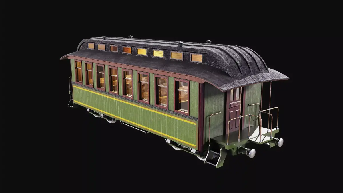 A low-poly 3D model of a 19th-century passenger steam train Low-poly 3D model