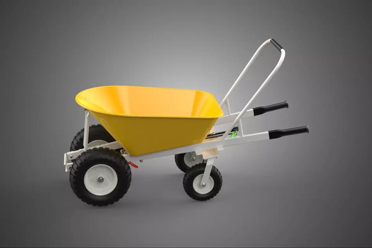 YELLOW FOUR CASTER WHEELED GARDEN CART WHEELBARROW HANDBRAKE TIP 3D model