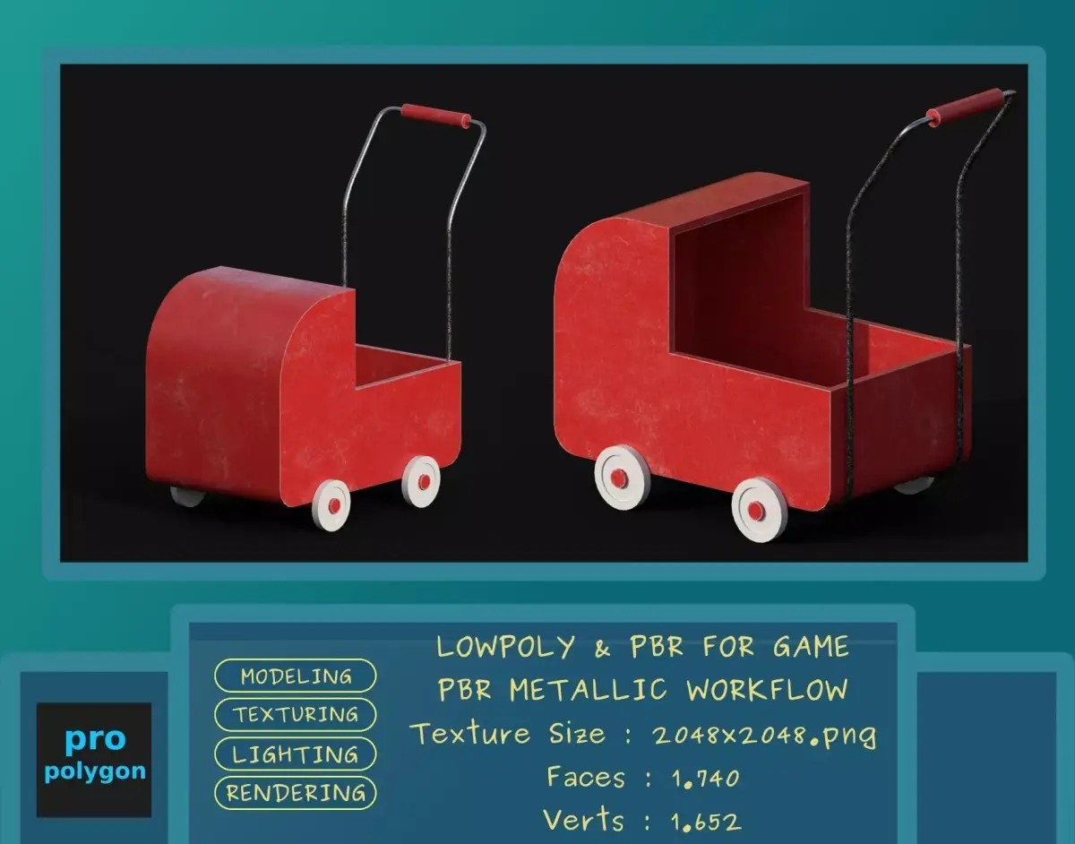 Vintage Baby Pram Toy Low-poly 3D model