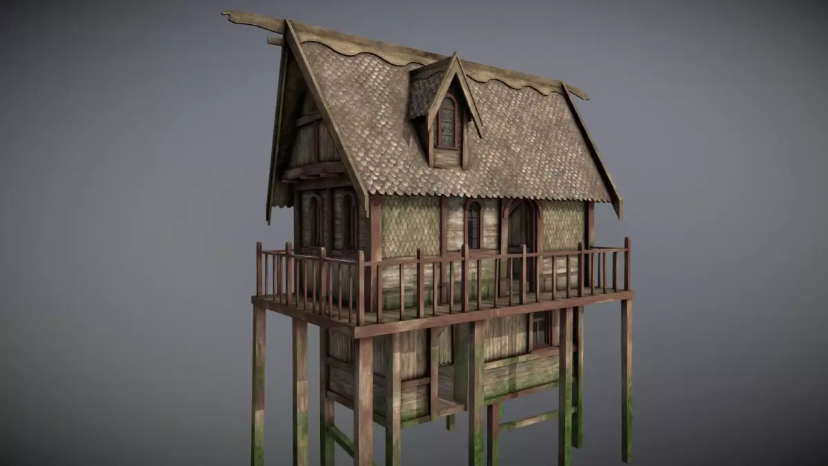 Medieval Lake Village - House 19 with interiors Low-poly 3D model