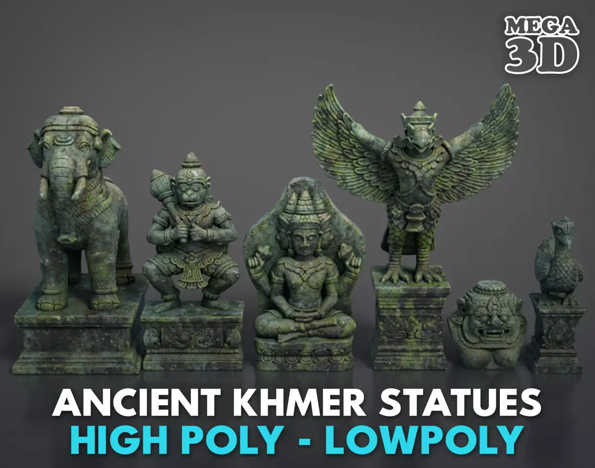 Ancient Khmer Statue Pack C-250523 3D Model Collection