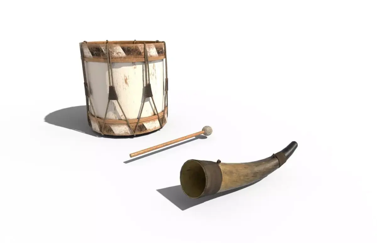 Historic war drum and signal horn Low-poly 3D model