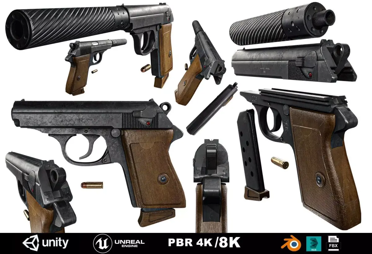 James Bond Walther PPK with Silencer Low-poly 3D model