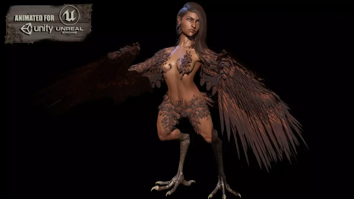 HarpyGameReady female bird with wings Low-poly 3D model