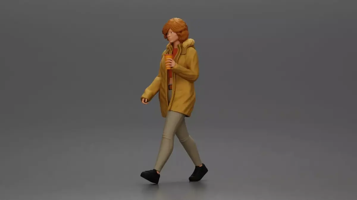 Woman walks sipping takeout drink wearing parka sweater leggings 3D print model