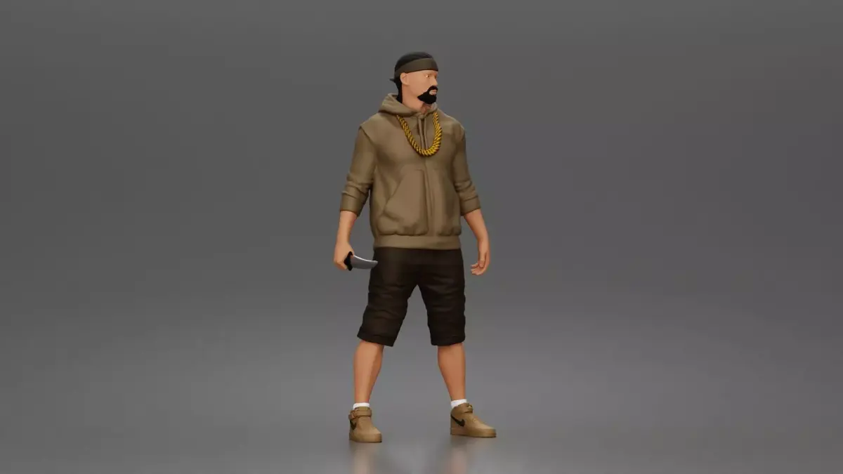 gangster holding knife wearing hoodie sneakers chain headband 3D print model