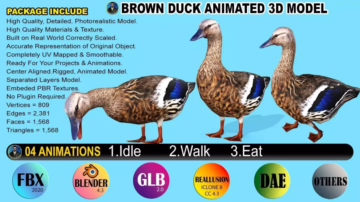 BROWN DUCK RIGGED ANIMAED 3 Low-poly 3D model