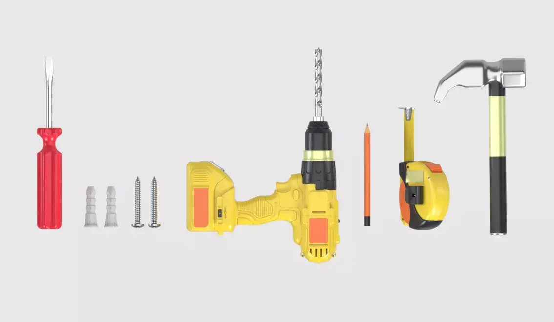 Installation pack Screwdriver Drill Screws Hammer Measure anchor 3D model