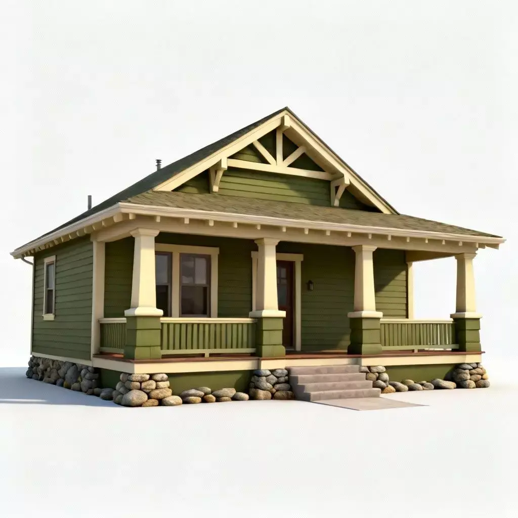Classic Olive Green Craftsman Bungalow 3D Model Low-poly 3D model