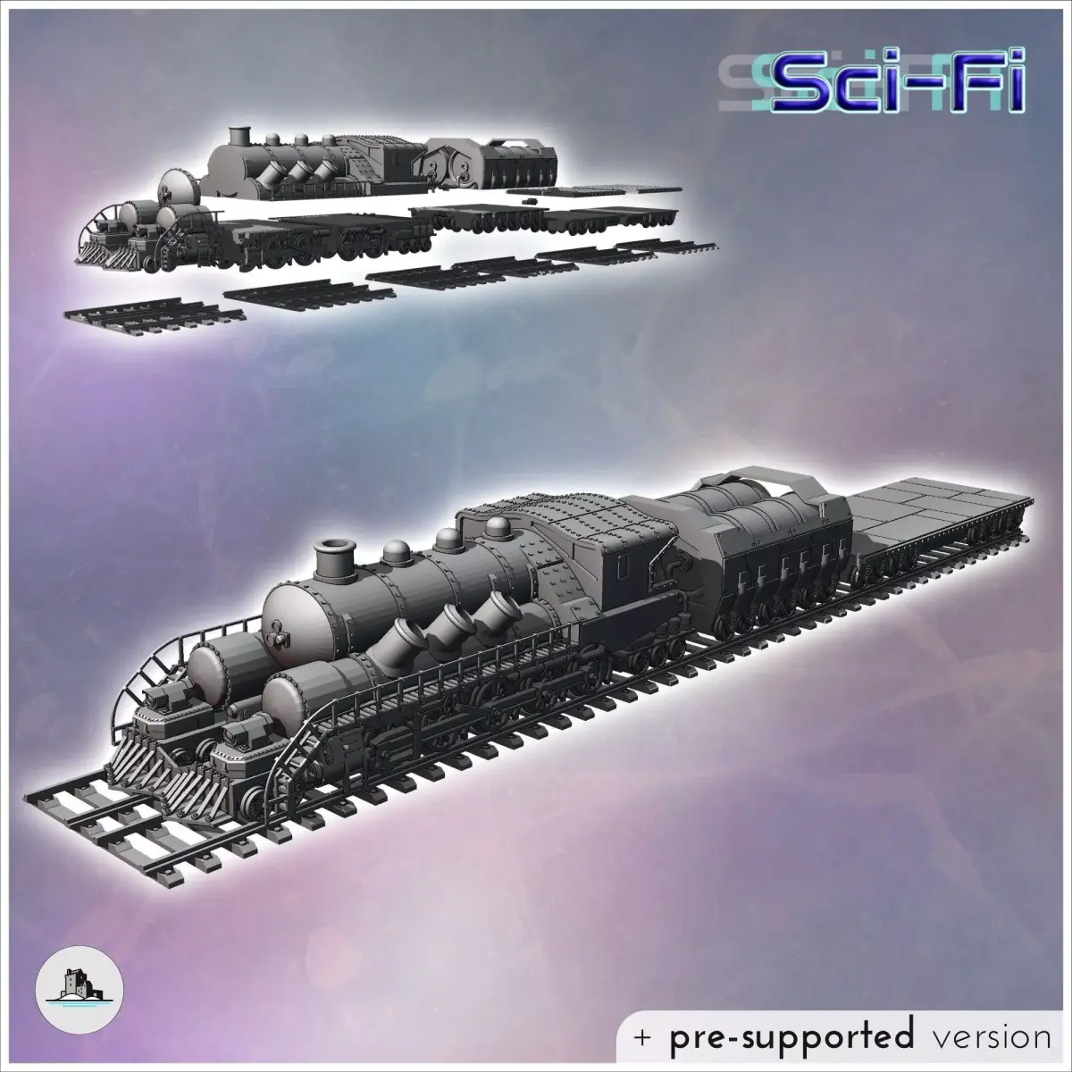 Steampunk train on double tracks with steam locomotive and trail 3D print model