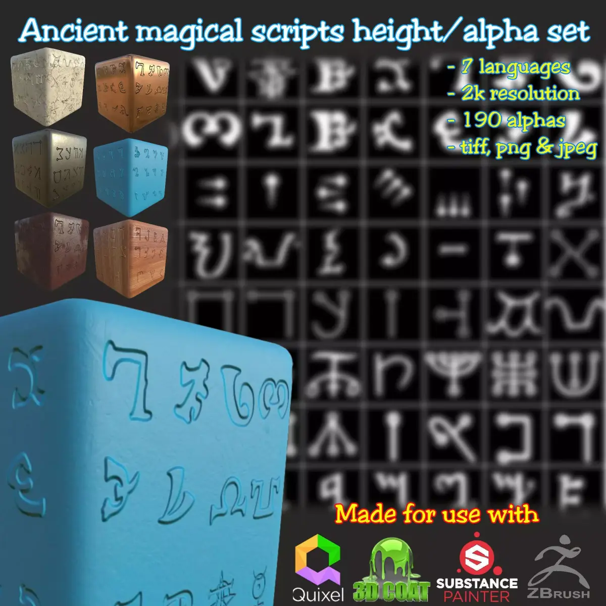 Ancient Magical Scripts set Height map Alpha Brushes decals Texture