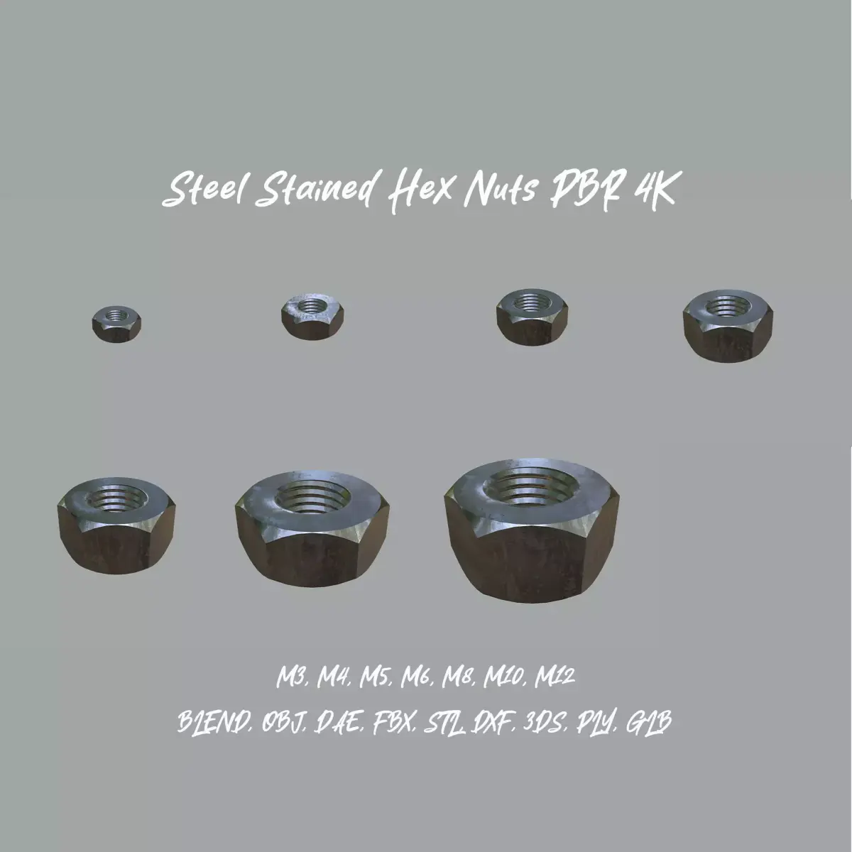 Collection of Steel Stained Hex Nuts PBR 4K Textures 3D Model Pack