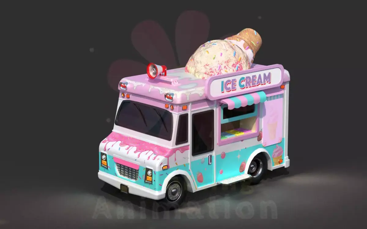 Low Poly Game Ready Ice-Cream Truck with PBR textures Low-poly 3D model