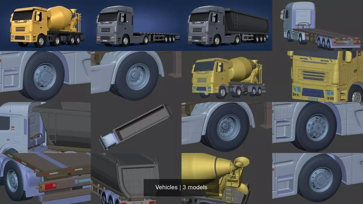 Generic Heavy trucks - Flatbed Trailer Cement Mixer Construction 3D Model Pack