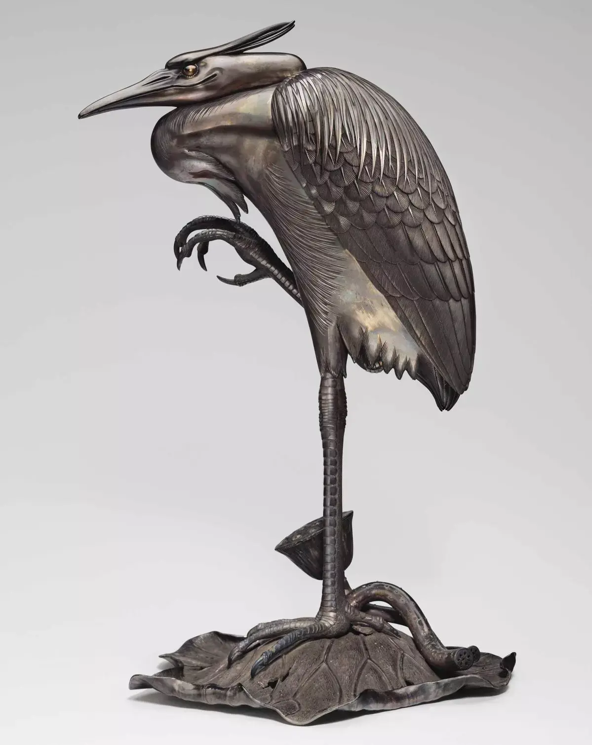 Bronze Heron Sculpture Realistic Bird Lotus Base Patina Finish Low-poly 3D model