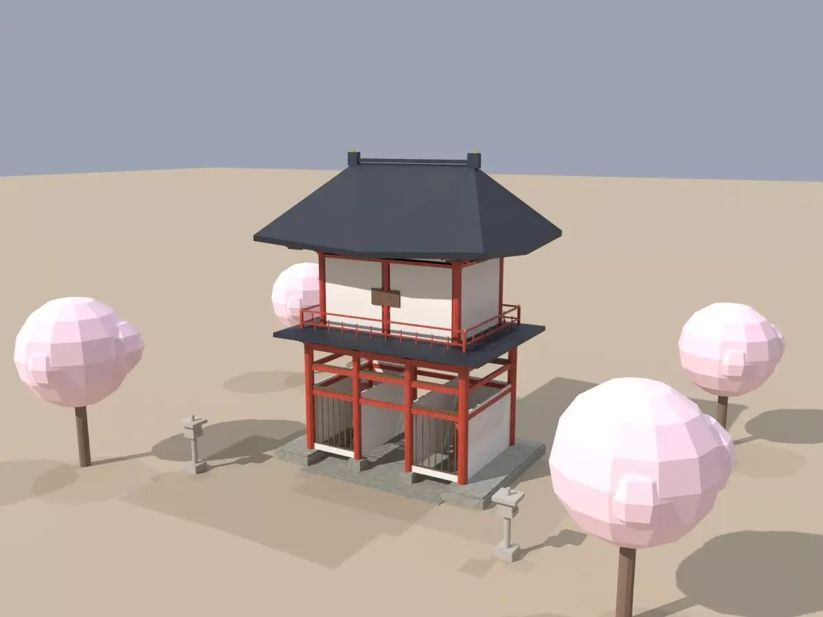 Japanese Romon Two-Story Temple Gate 3D Model Low Poly Low-poly 3D model