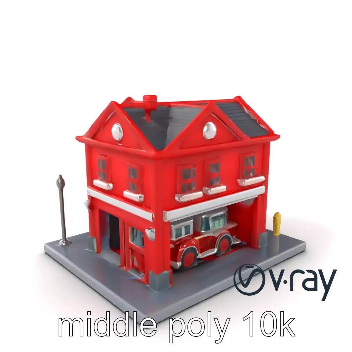 Whimsical Fire Station Red Facade Cartoon Model Pack Low-poly 3D model