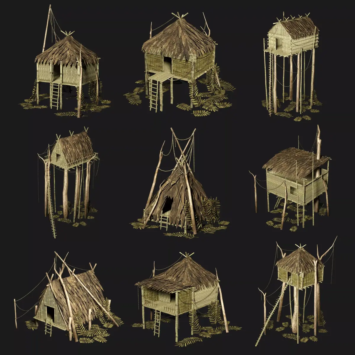 JUNGLE SWAMP STILT HUT SHELTER COTTAGE AAA COLLECTION Low-poly 3D model