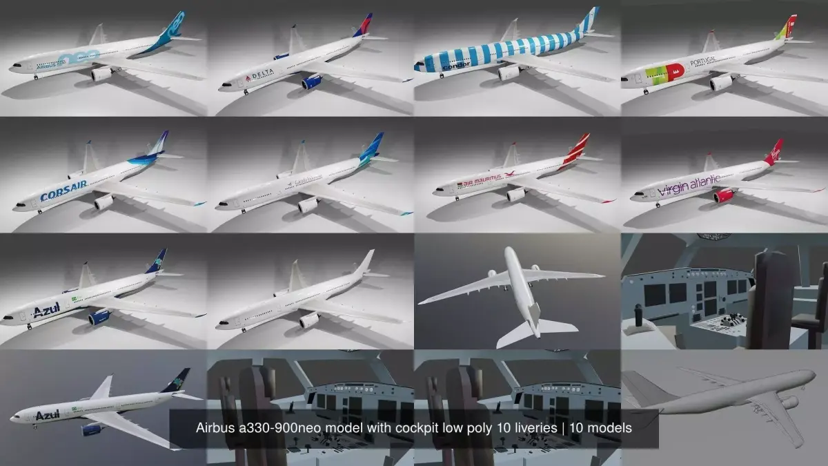 Airbus a330-900neo model with cockpit low poly 10 liveries 3D Model Collection