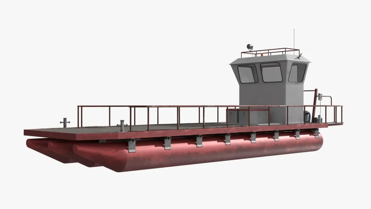 Industrial Cargo Boat with Control Cabin and Motor Red 3D model
