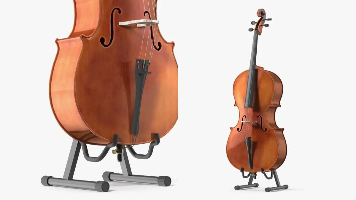Wooden Cello on Metal Floor Stand Brown 3D model