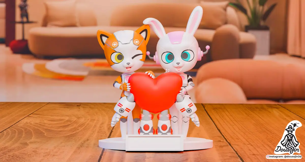 Chibi Robot Heart Duo Diorama  Free 3D print model