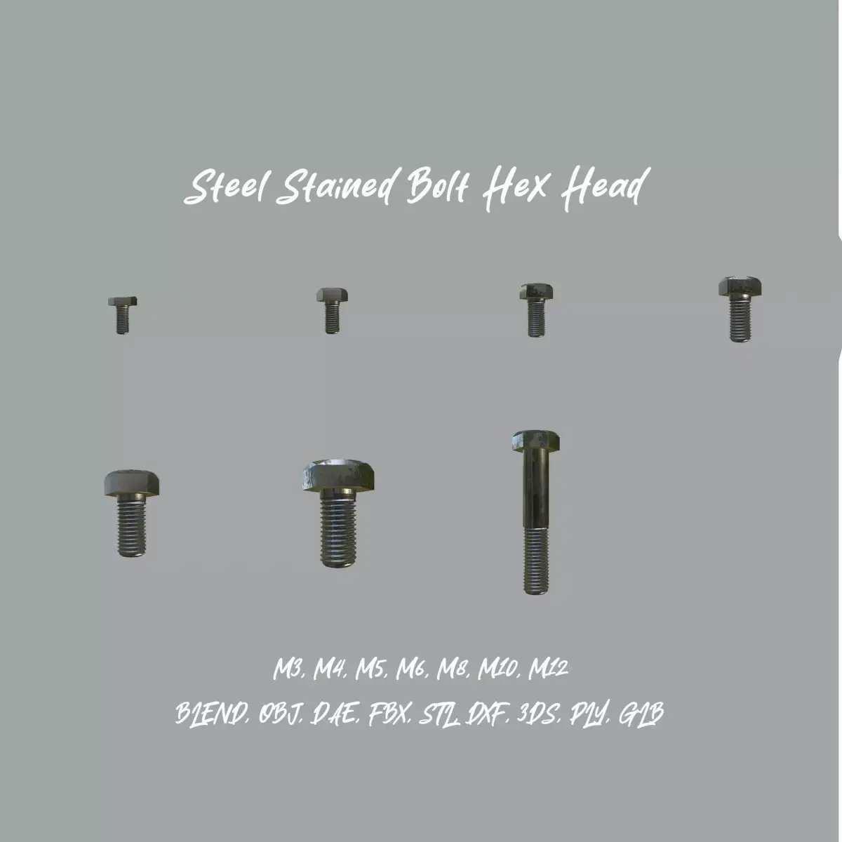 Collection of Steel Stained M3 to M12 Hex Bolts PBR 4K Textures 3D Model Pack