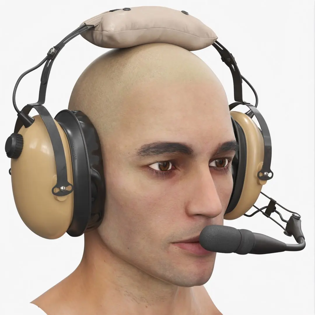 Aviation Pilot Headset on Male Head Desert Fur 3D model