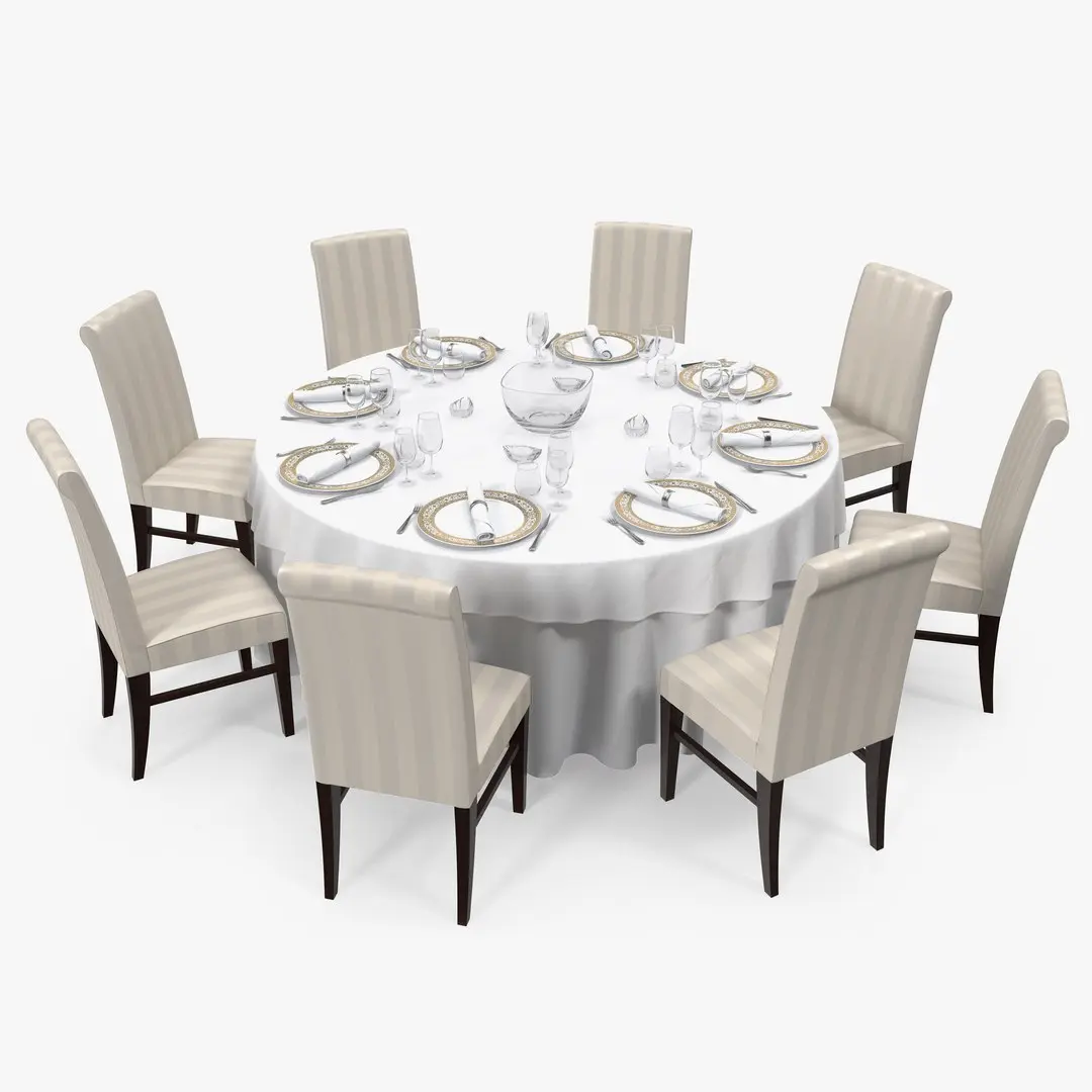 Round Dining Served Table with Chairs 3D model