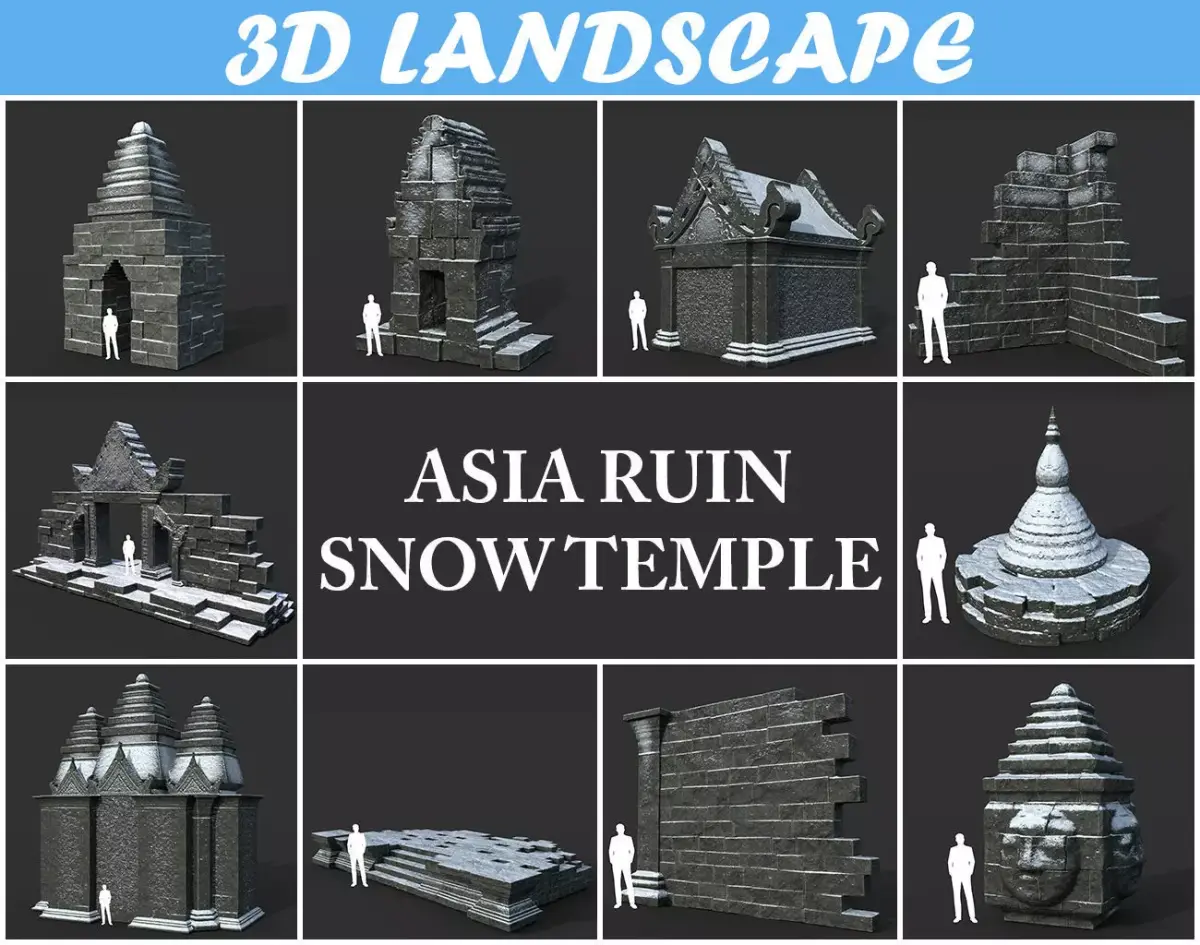 Low poly Snow Ruin Asia Temple Pack Low-poly 3D model