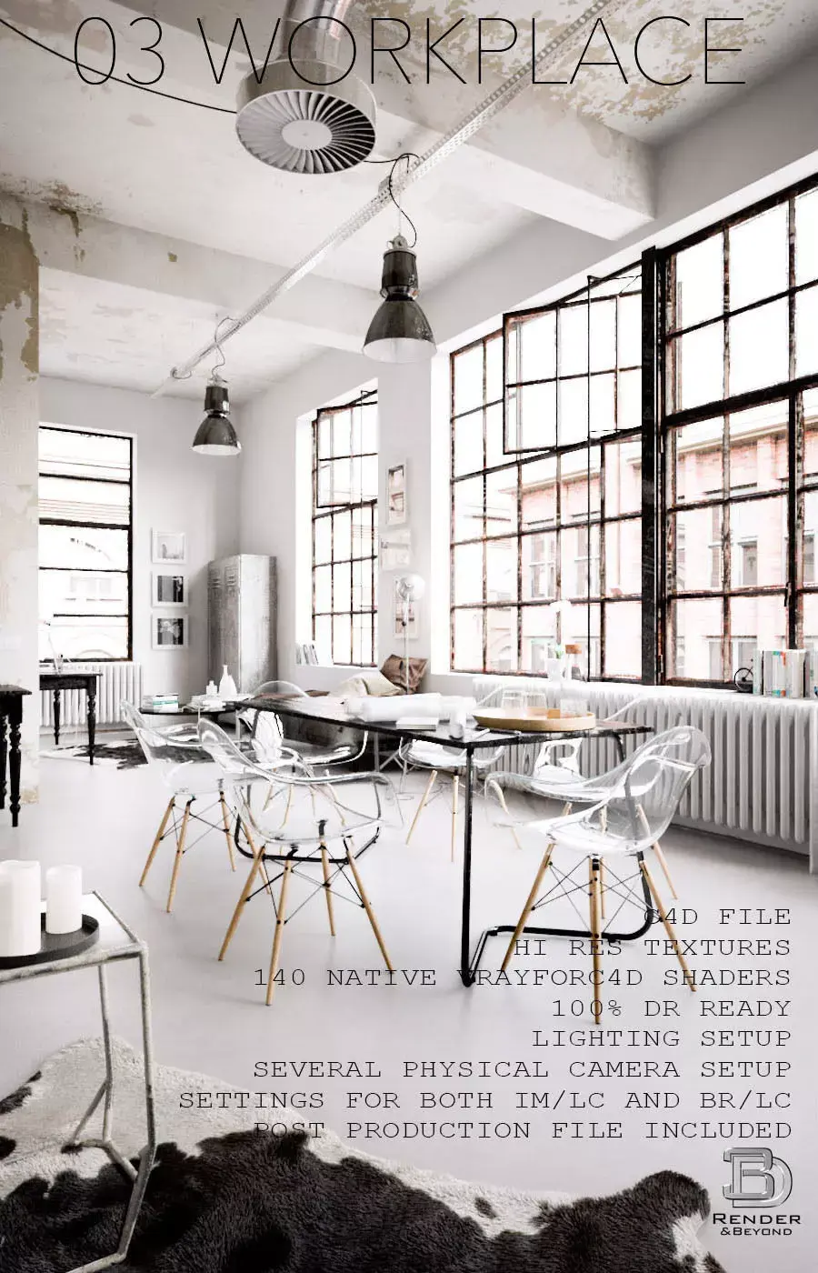 Workplace industrial style office with table and chairs 3D model