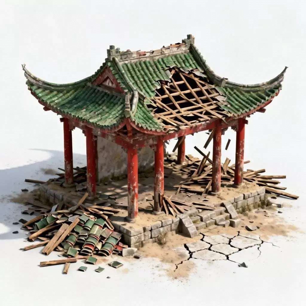 Ancient Ruined Chinese Pavilion 3D Model - Forgotten Shrine Low-poly 3D model