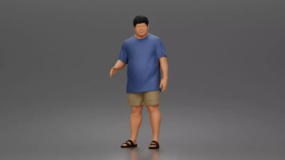 asian man character walking pose in tshirt shorts sandals outfit 3D print model