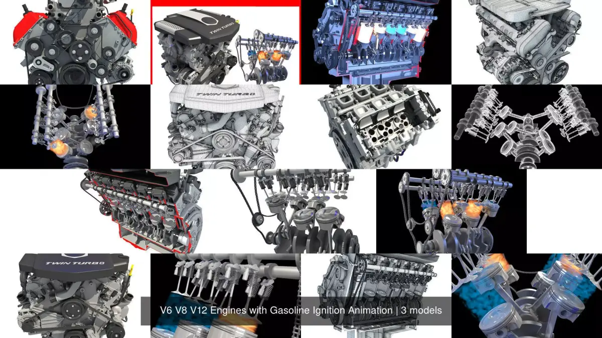 V6 V8 V12 Engines with Gasoline Ignition Animation 3D Model Pack