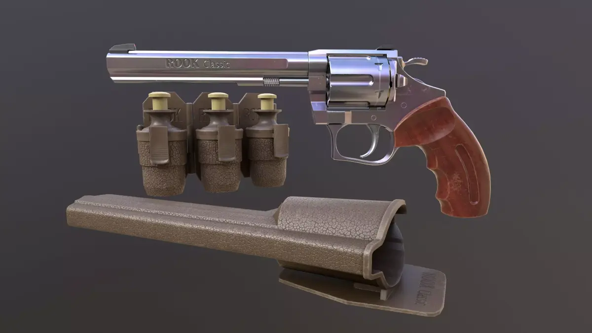 Rook Classic Revolver Stainless with Bandolier and Speedloader Low-poly 3D model