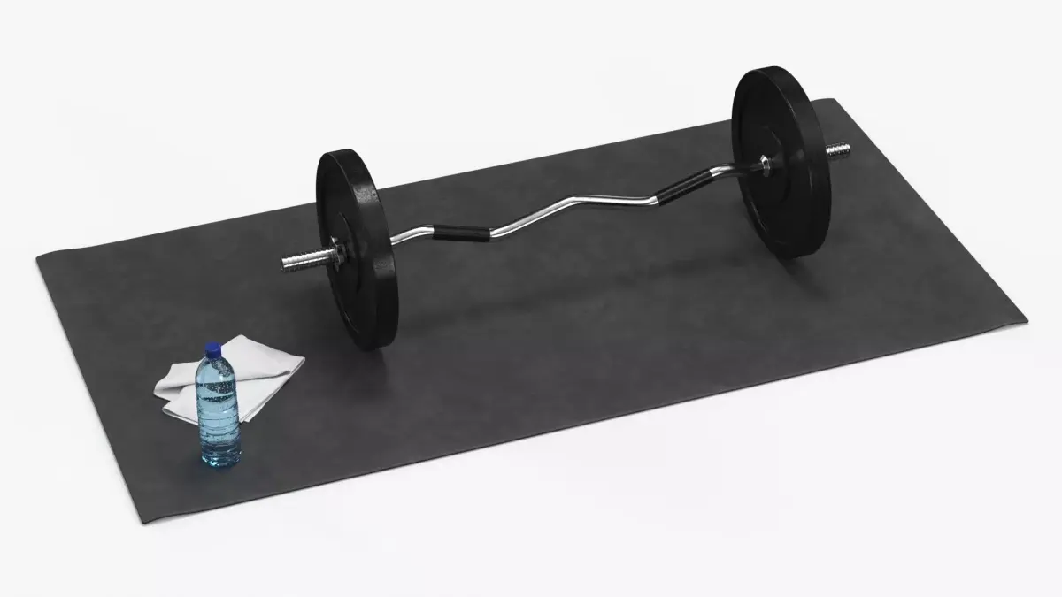 Strength Training Setup with Curved Barbell on Black Mat 3D model