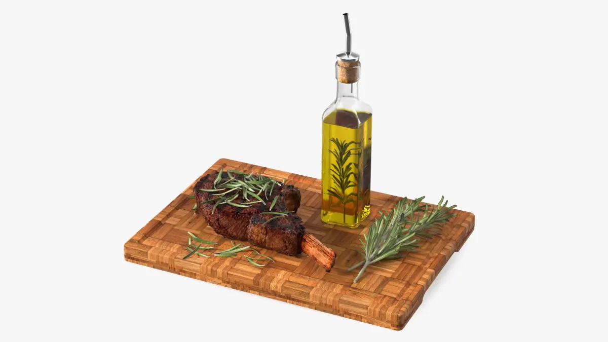 Wooden Board with Meat and Rosemary Oil 3D model
