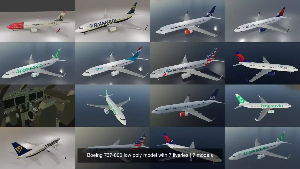 Boeing 737-800 low poly model with 7 liveries 3D Model Collection