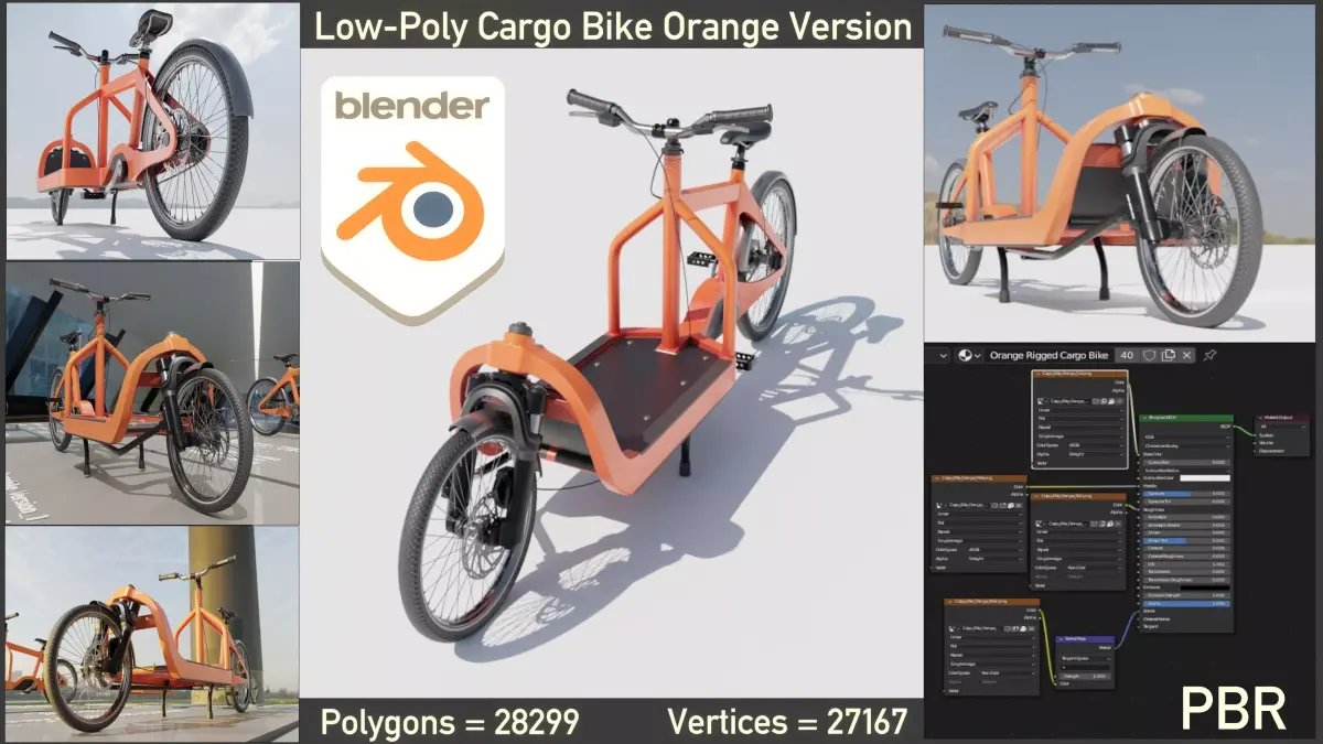 Cargo Bike Orange Low-Poly and Rigged Version  Low-poly 3D model