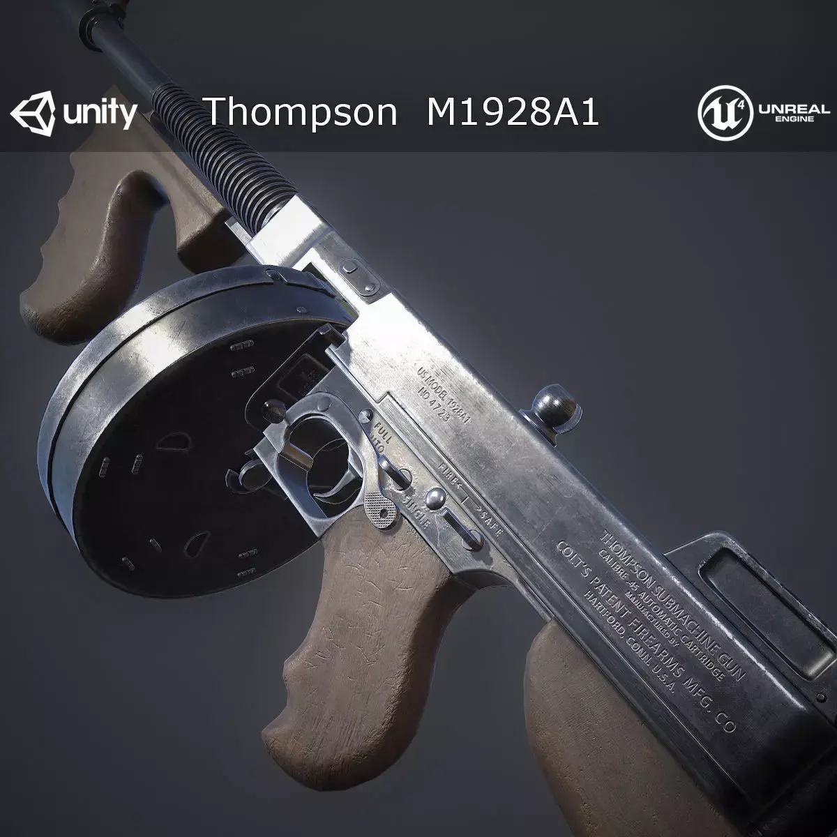 Thompson M1928A1 Submachine Gun Low-poly 3D model