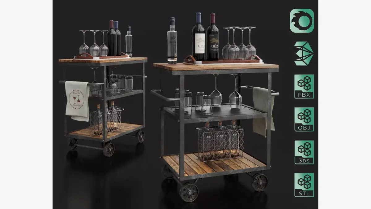 Industrial Loft Bar Trolley with bottles and accessories 3D model